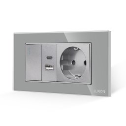 Intrerupator simplu cu priza USB A+C si Schuko, rama sticla, 4M gri