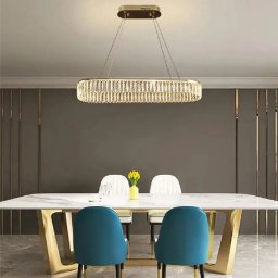Candelabru LED oval Zimar 80W cu telecomanda, cristale K9, auriu, 80 cm