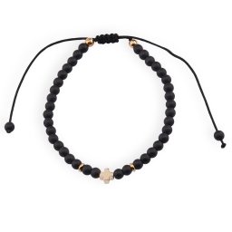 Bratara Onix negru mat sfere 4mm si cruce aurie cu nod reglabil