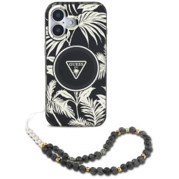 Husa Husa pentru iPhone 16 - Guess IML Palm Trees Triangle with Pearl Strap MagSafe (GUHMP16SHPCTPLSK) - Black