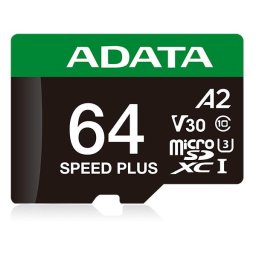 Card memorie MicroSDXC A-Data Speed Plus, 64GB, Clasa 10, UHS-I U3, V30, A2 + Adaptor SD