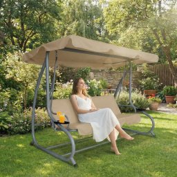 Leagan gradina 3 persoane 200 x 120 x 164 cm bej inchis, balansoar exterior cu suport pahare, cadru metalic