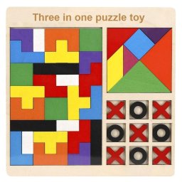 Joc din lemn 3 in 1: tetris, tangram, X si 0, 45 piese