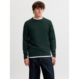 Jack & Jones Pulover barbati cu decolteu la baza gatului, din bumbac organic, JJEBASIC, Verde inchis (SELECTATI MARIMEA: L)