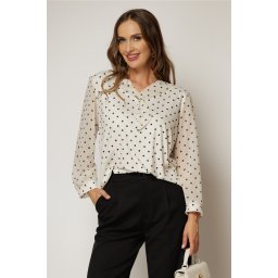 Bluza eleganta alba cu buline negre cu brosa la decolteu