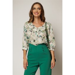 Bluza ivoire cu imprimeu turcoaz cu volanas la bust