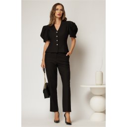 Compleu DY Fashion negru din sacou cambrat cu maneci bufante si pantalon