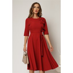 Rochie DY Fashion bordo cu funde pe bust si maneci trei sferturi