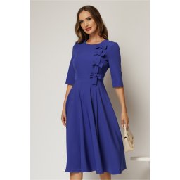 Rochie DY Fashion albastra cu funde pe bust si maneci trei sferturi