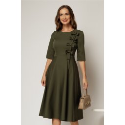 Rochie DY Fashion kaki cu funde pe bust si maneci trei sferturi