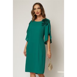 Rochie midi verde de ocazie din voal cu aplicatie florala