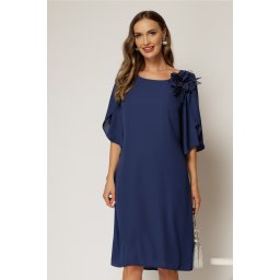 Rochie midi bleumarin de ocazie din voal cu aplicatie florala