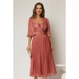 Rochie eleganta roz midi din voal peliculizat cu maneci ample