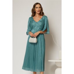 Rochie eleganta turcoaz midi din voal peliculizat cu maneci ample