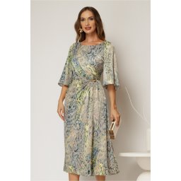 Rochie eleganta midi turcoaz cu imprimeu multicolor din voal plin cu accesoriu in talie