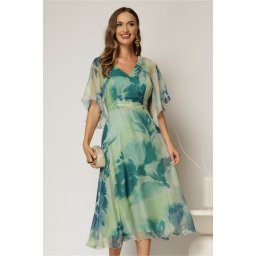 Rochie eleganta din voal verde cu imprimeu turcoaz cu decolteu in V