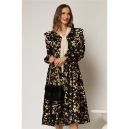 Rochie midi neagra cu imprimeuri bej si guler tip esarfa