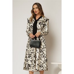 Rochie midi ivoire cu imprimeuri bej negru si guler tip esarfa