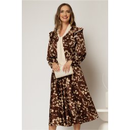 Rochie midi maro cu imprimeuri bej si guler tip esarfa