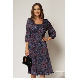 Rochie midi neagra de zi din voal cu imprimeuri fucsia bleu