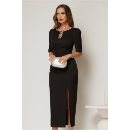 Rochie DY Fashion neagra midi cu crepeu maxi si aplicatii la bust