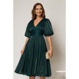 Rochie DY Fashion turcoaz cu decolteu adanc si nasturi din voal peliculizat