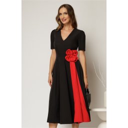 Rochie DY Fashion midi neagra de ocazie cu floare rosie in talie