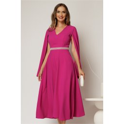Rochie DY Fashion midi fucsia cu maneci lungi crapate si aplicatii in talie