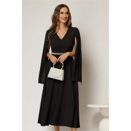Rochie DY Fashion midi neagra cu maneci lungi crapate si aplicatii in talie