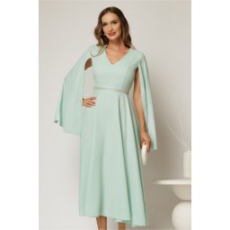 Rochie DY Fashion midi bleu cu maneci lungi crapate si aplicatii in talie