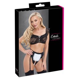 Maid Set 2 Piese Negru Alb cu Top din Dantelă și Tanga cu Portjartier - Negru , XL