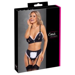 Maid Set 2 Piese Negru cu Bustieră și Chiloți Portjartier Decupați - Negru , S