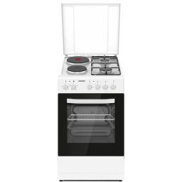 Aragaz HFSC-S56E2HSWH, 2 arzatoare gaz + 2 plite electrice, Grill, Clasa A, Alb
