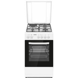 Aragaz HFSC-S56E1HSWH, 3 arzatoare gaz + 1 plita electrica, Grill, Clasa A, Alb