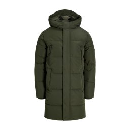 Jack & Jones Geaca lunga barbati, PUFFER, cu gluga, Regular fit, JJEBECKS, Verde inchis (SELECTATI MARIMEA: M)