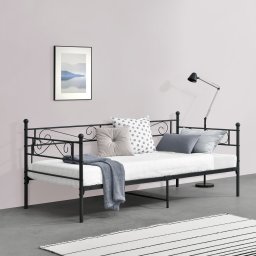 Pat metalic Kerava 90x200 cm negru mat cu somiera, en.casa