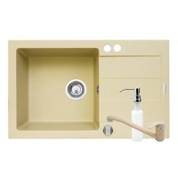 Set 3 in 1 Chiuveta granit Cristal Plus 1B 1D ST + Baterie + Dozator Pyramis Crem