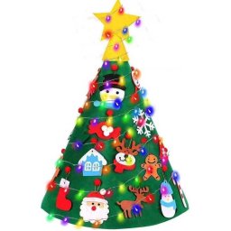 Brad de Craciun din Fetru Bambinice model Conic 3D 18 decoratiuni si banda LED inclusa
