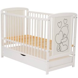 Patut din lemn de pin cu sertar si somiera reglabila Qmini Timmi Heart 120x60cm Alb