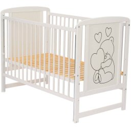 Patut din lemn de pin cu laterala culisanta si somiera reglabila Qmini Timmi Heart 120x60cm Alb