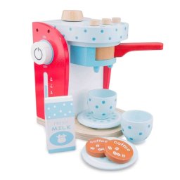 Jucarie New Classic Toys Aparat de cafea din lemn colorat cu cesti cutie de lapte si capsule