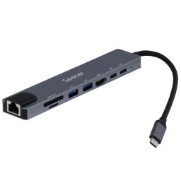 Docking Station Spacer Universal 8in1 Conectare Type-C USB 3.0 x 2 USB Type C x 1 PD 87W x 1 HDMI x 1 4K RJ-45 SD Cardx1 TF MicroSDx1 Gri