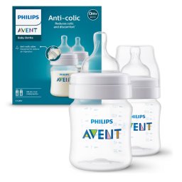 Set Philips-Avent 2 Biberoane Anti-colici Scy100/02 125Ml Tetina Cu Debit 1 +0 Luni 2 Buc Fara BPA Transparent