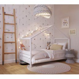 Patut YappyKids Tip Casuta YappyHytte Lemn Certificat FSC Transformabil In Casuta De Joaca Bariera Protectie Stil Scandinav 160x80cm Alb