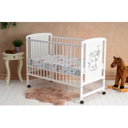 Pat copii Qmini Lemn Timmi Elephant 120x60cm Lemn Pin MDF Stabil Rezistent Inaltime Saltea Reglabila 3 Nivele Laterala 3 Bete Detasabile EN716-1/EN716-2 Alb