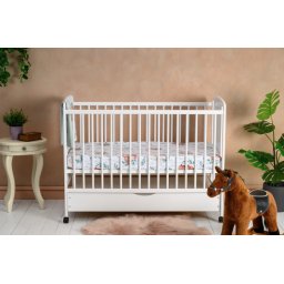 Patut Qmini Lemn Timmi Elephant 120x60cm Sertar Lemn Pin MDF Stabil Rezistent Inaltime Saltea Reglabila 3 Nivele Laterala 3 Bete Detasabile EN716-1/EN716-2 Alb