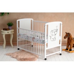 Patut Qmini Lemn Timmi Elephant 120x60cm Laterala Culisanta Lemn Pin MDF Stabil Rezistent Inaltime Saltea Reglabila 3 Nivele Laterala 3 Bete Detasabile EN716-1/EN716-2 Alb