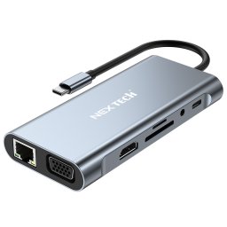 Hub USB NEX 11 in 1 NEX TECHÂ® USB-C 4K HDMI, 1000Mbps, USB 3.0, SD, RJ45, Adaptor Multiport, Incarcare PD 100W, 5 Gbps, VGA, Aluminiu, Card Reader, Gri