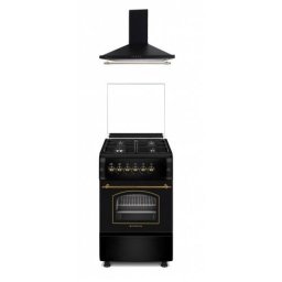 Pachet Rustic Studio Casa Aragaz + Hota Decorativa Verona Vintage Black 50/ 55cm 4 Arzatoare Gaz Cuptor gaz Aprindere Electrica Grill Electric 1 Motor Turbo Negru