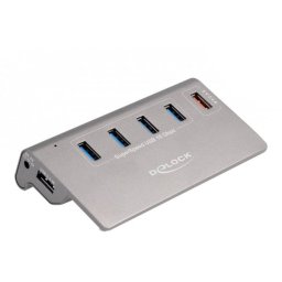 Hub USB Delock USB 10 Gbps hub with 4 USB Type-A ports + 1 quick charging port, USB hub (grey, incl. power supply)